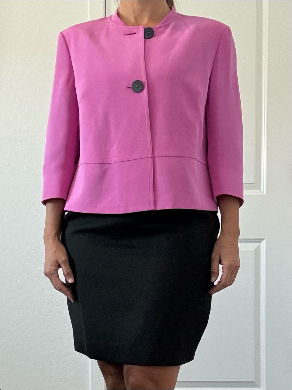 Jones New York 100% Silk Bright Pink Collarless Cropped Blazer